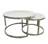 Cato Nest of 2 Short Round Coffee Silver Tables with Polar White Sintered Stone Tops